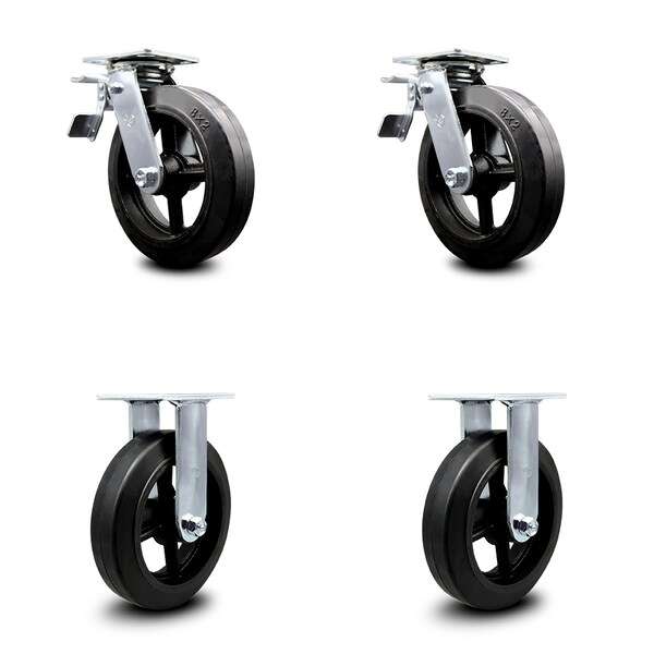 8 Inch Rubber on Steel Caster Set with Roller Bearings 2 Brakes 2 Rigid SCC